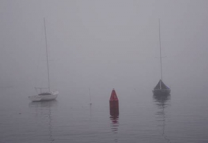 Moored sailboats in the fog at Manchester Yacht Club, MA