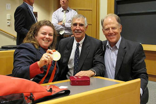 Maureen McKinnon Tucker with gold Olympic medal with Rich Wilson and Rick Williams