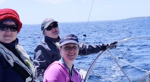 Women crew members onboard CHARIAD for practice sail