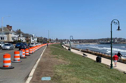 Route 1 Lynn and Swampscott with orange barrels preventing parking near the ocean